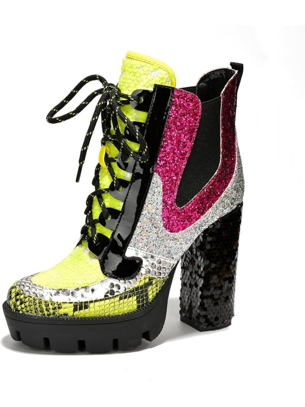 Women's Lime Polyurethane (PU) Sparkly Sequin Chelsea Heeled Boots